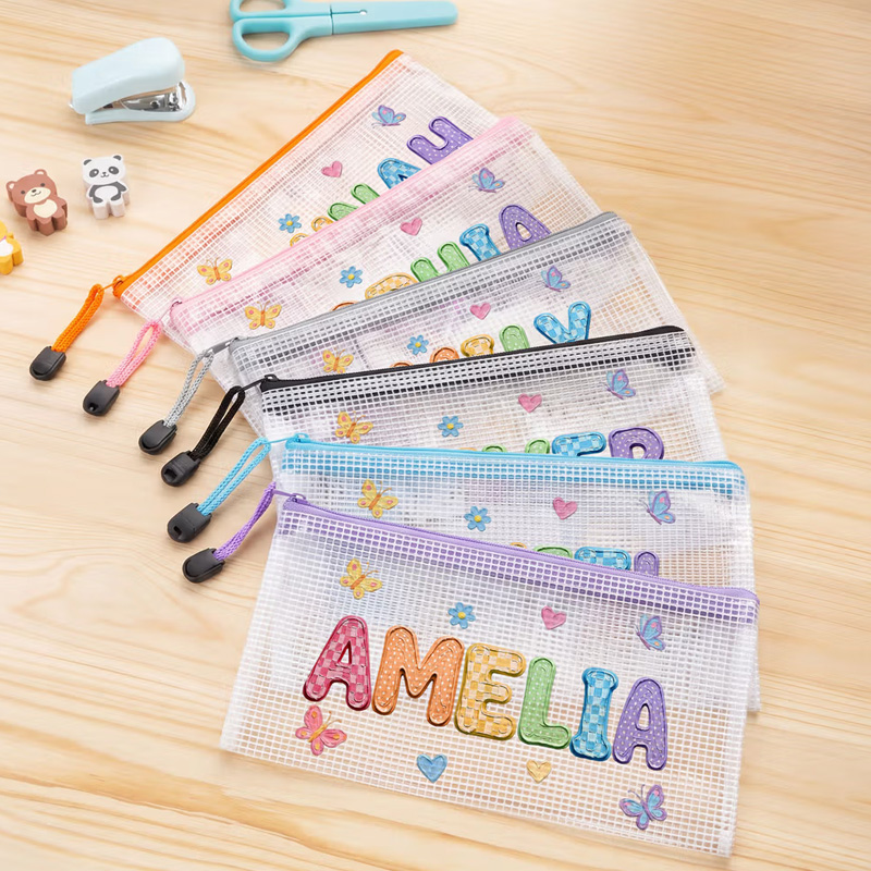 Personalized Oil Painting Style Butterfly Heart Waterproof Portable Mesh Pencil Pouch with Name and Zipper Back to School Birthday Gift for Kids