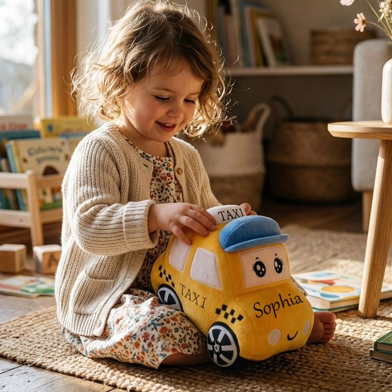 Personalized Police Car Taxi Car Plush Toy Custom Name Soft Blue Vehicle Pillow Kids Birthday Gift Playroom Decor
