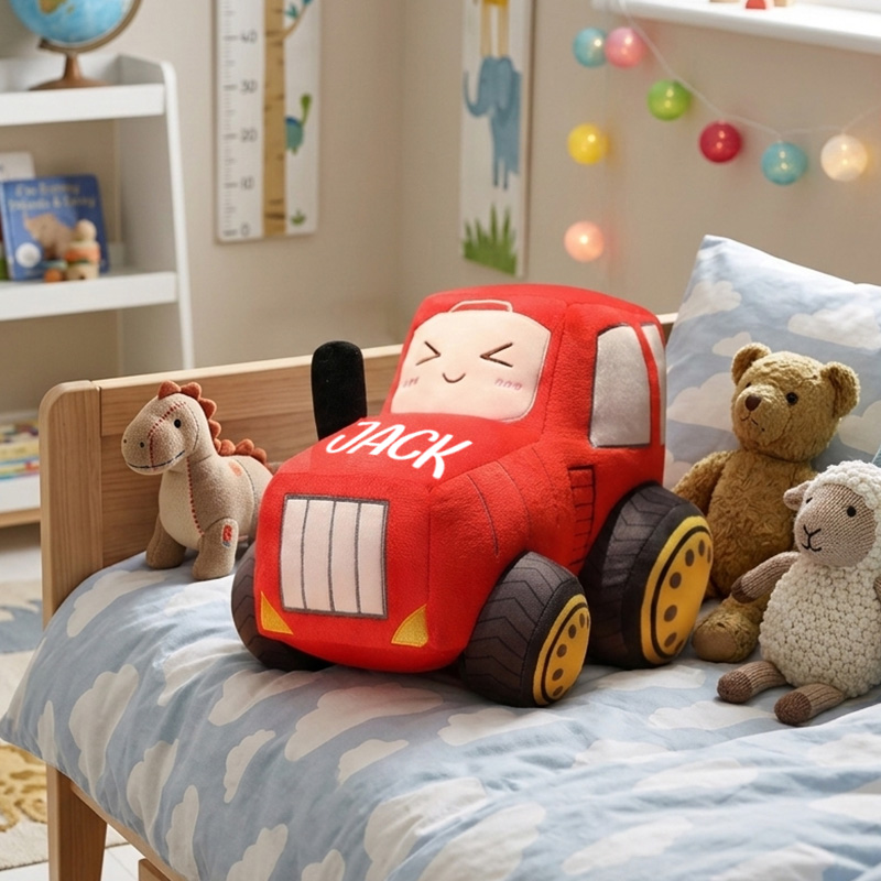Personalized Garbage Truck Plush Toy Custom Name Soft Blue Vehicle Pillow Kids Birthday Gift Playroom Decor