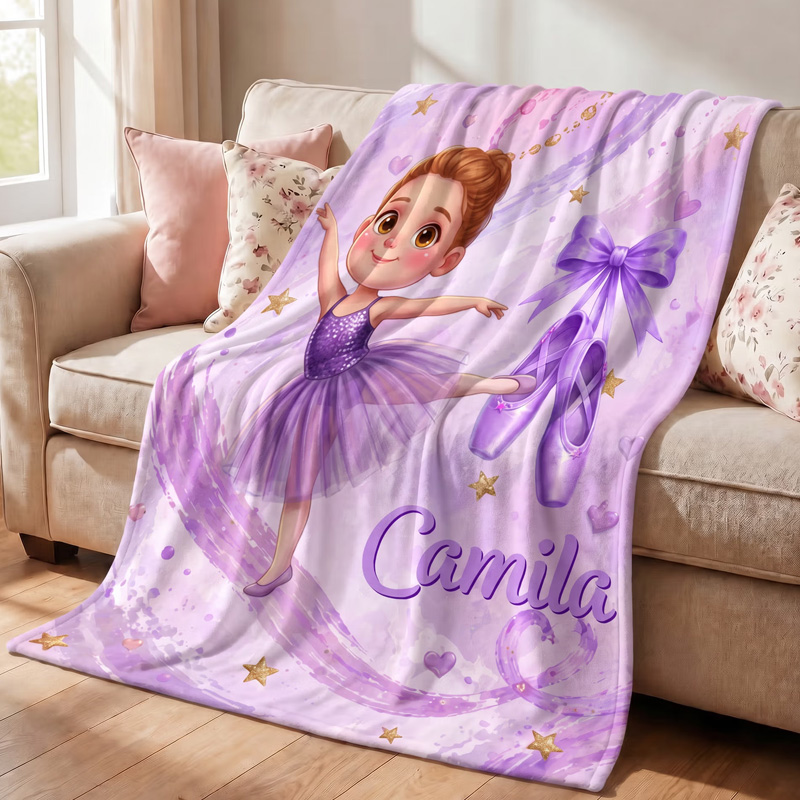 Personalized Ballerina Blanket Custom Name Pink Ballet Girl Soft Cozy Throw For Kids Bedroom Gift