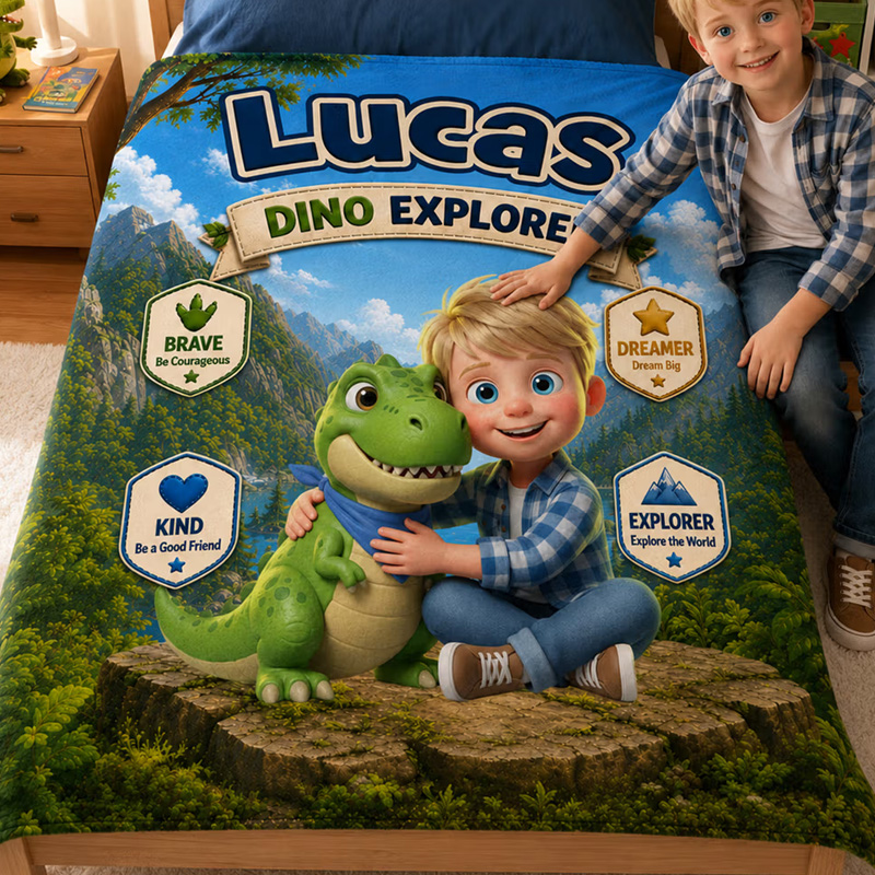 Personalized Cartoon Kid Photo Fantasy Rainbow Horse Dinosaur Adventure Soft Throw Blanket with Name Home Decor Back to School Birthday Gift for Kids