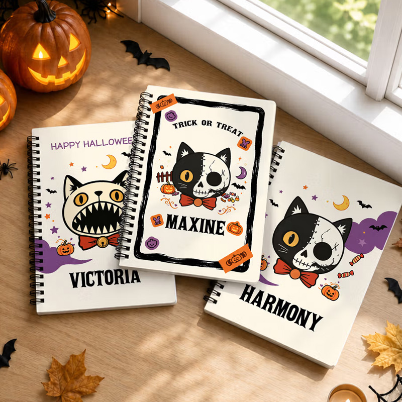 Personalized Halloween Theme Kitty Pumpkin Candy A5 Spiral Notebook with Name and Text Halloween Gift for Kid Halloween Lover