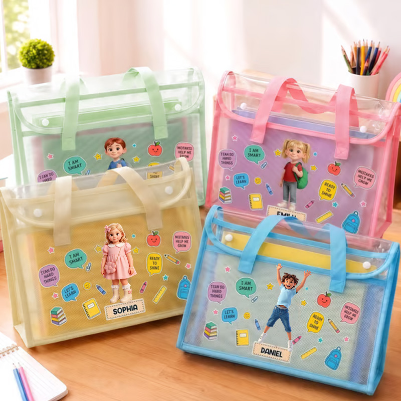 Personalized Kids Clear Tote Bag Custom Name School Organizer Transparent Handbag For Books Stationery Toys