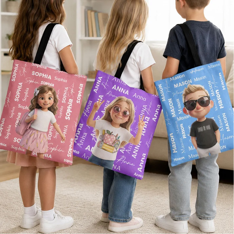 Personalized Kids Tote Bag Custom Name Cute Character Reusable School Library Shopping Shoulder Bag