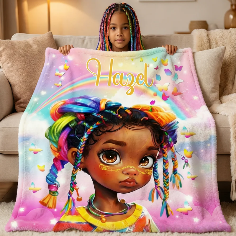 Personalized Dazzling Black Little Girl Soft Throw Blanket with Name Home Decor Birthday Gift for Black Girls