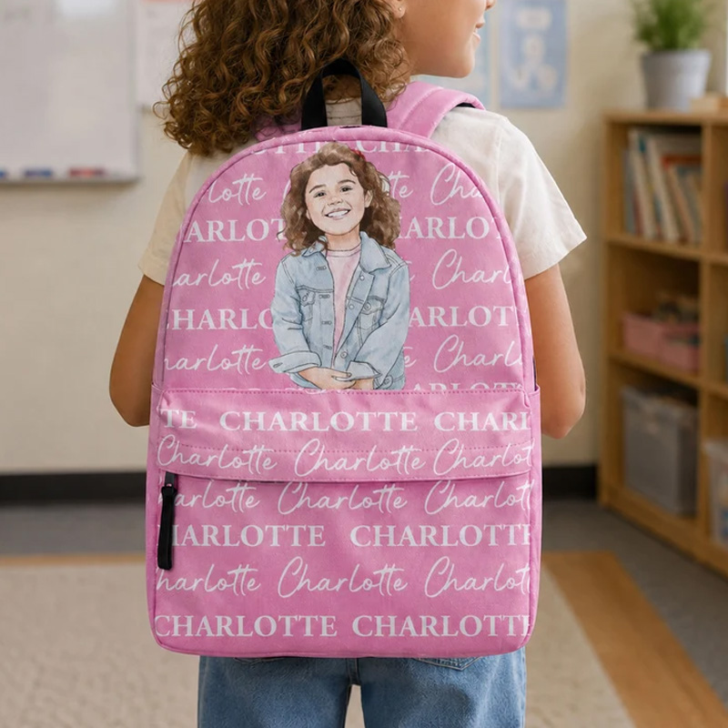 Personalized Kids Backpack Custom Name Portrait Pink School Bag Cute Character Lightweight Travel Daypack