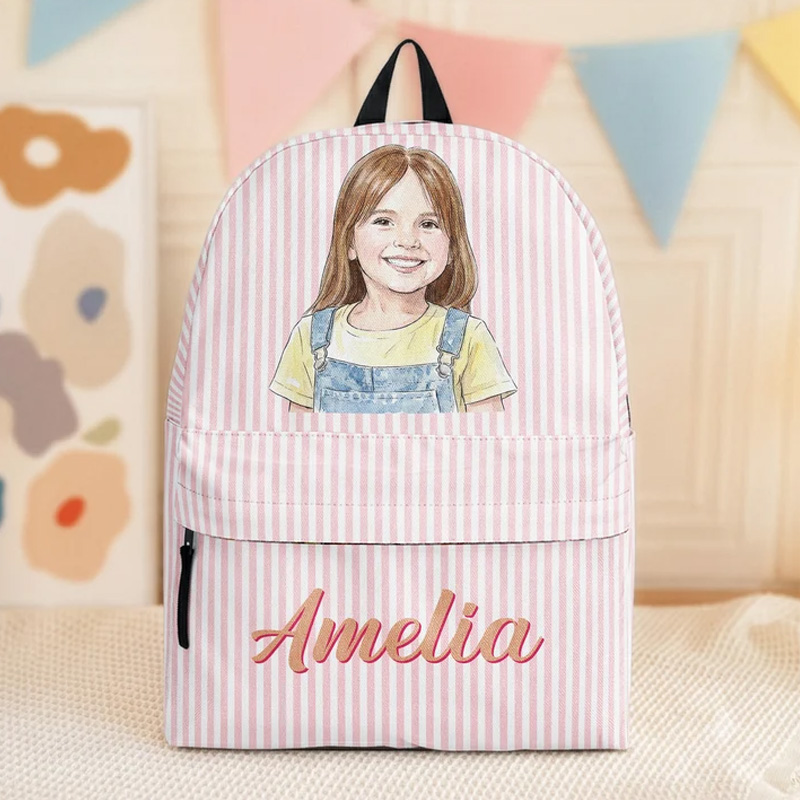 Personalized Kids Backpack Custom Name Portrait Striped School Bag Cute Character Lightweight Travel Daypack