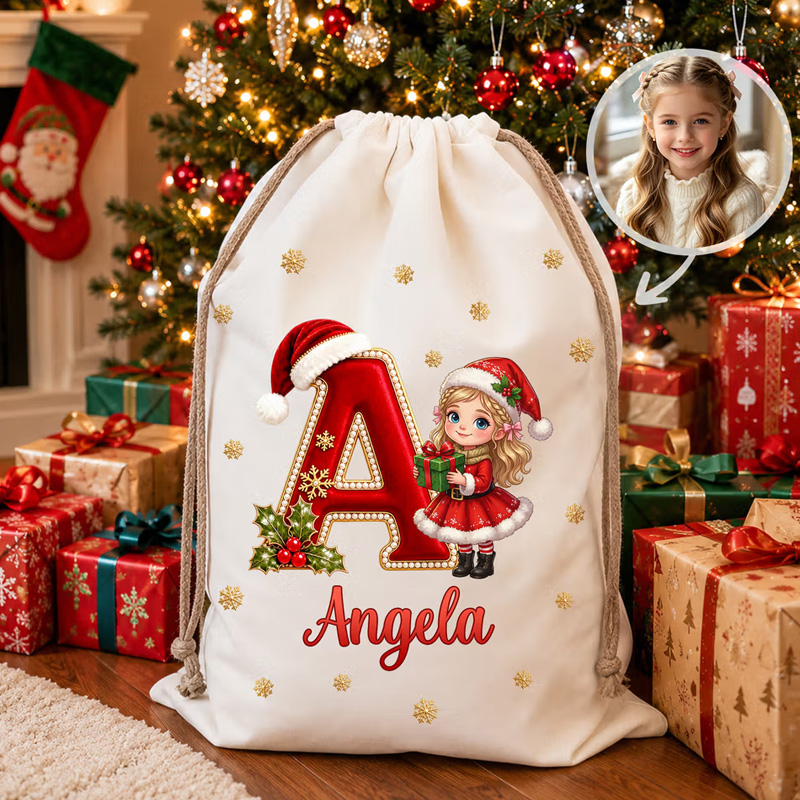 Personalized Photo Design Santa Claus Gift Bag with Name and Initial Christmas Gift for Family Friends