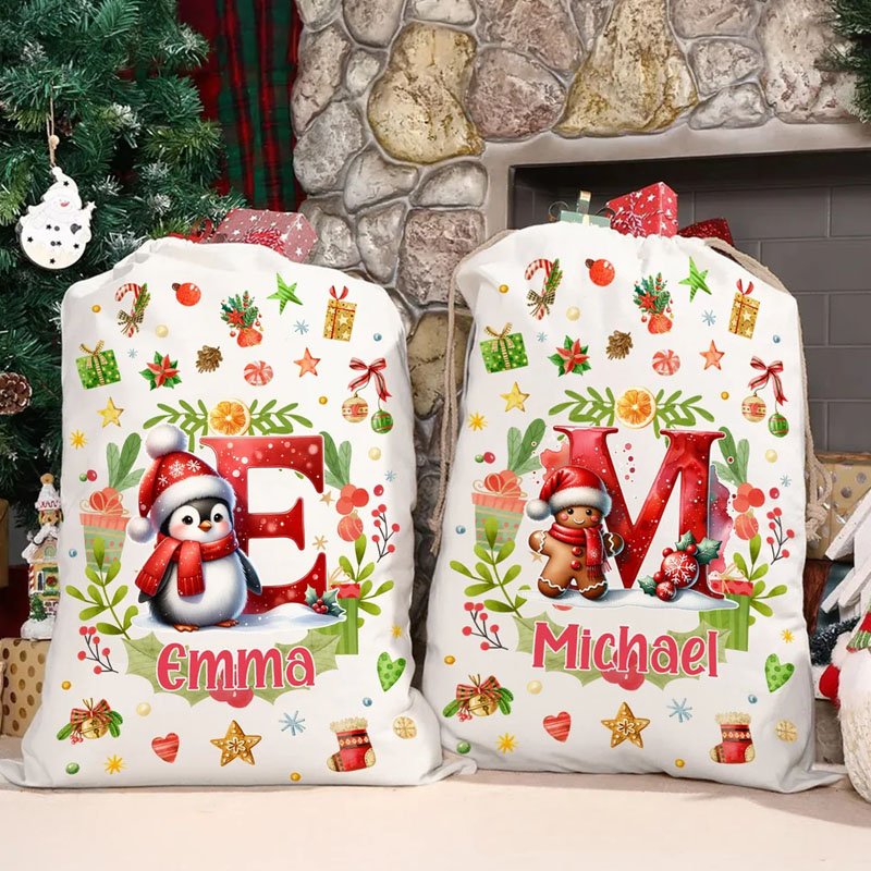 Personalized Snowman Reindeer Penguin Christmas Initial Drawstring Christmas Gift Bag with Name Christmas Eve Party Gift for Kids Family Friends