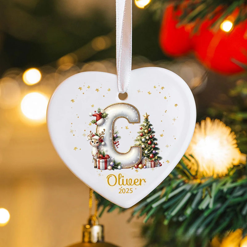 Personalized Reindeer Christmas Tree Initial Heart-shaped Ceramic Christmas Ornament with Name and Year Christmas Decor Gift for Family Friends