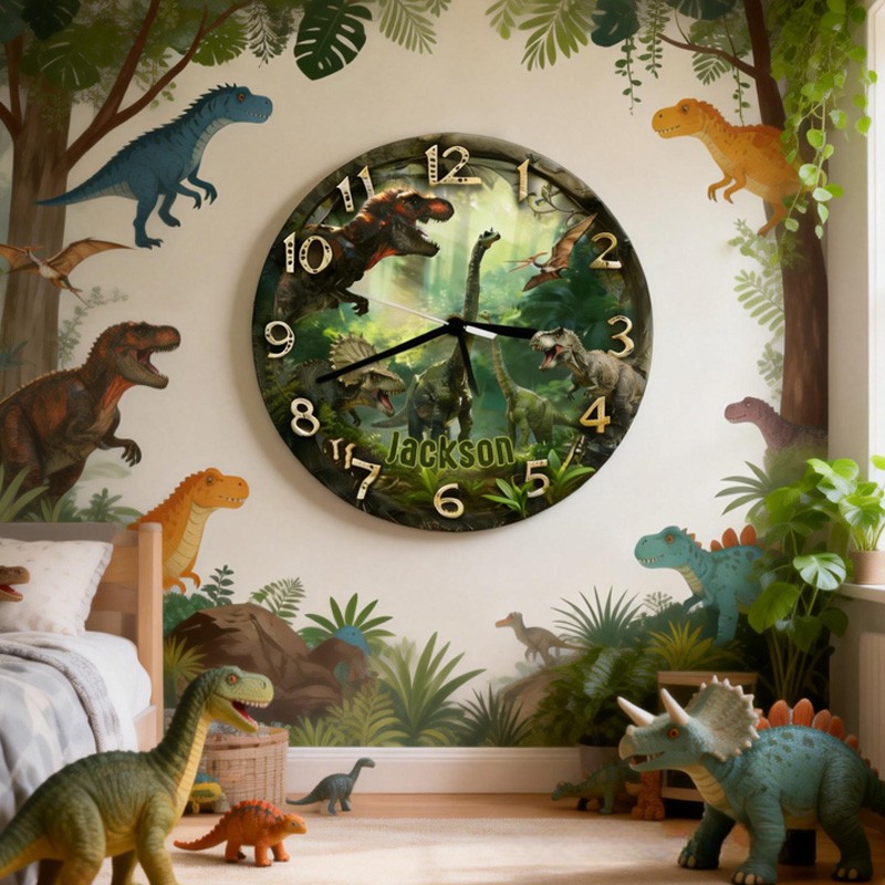 Personalized Lovely Custom Name Dinosaur Animal Pattern Kids Room Decoration 3D Printed Wall Clock