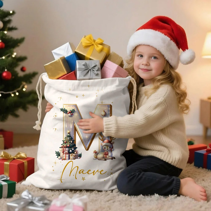 Personalized Cute Cartoon Elk Christmas Tree Initial Canvas Drawstring Gift Bag with Name Christmas Gift for Friends Family