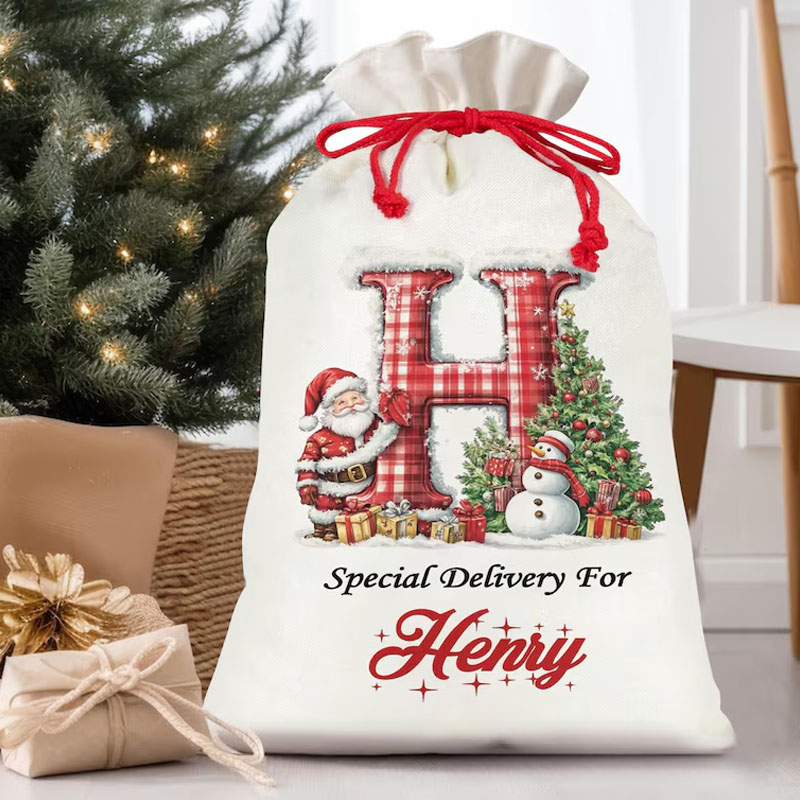 Personalized Plaid Initial Christmas Bag with Festive Snowman and Custom Name for Special Holiday Deliveries Christmas Bag