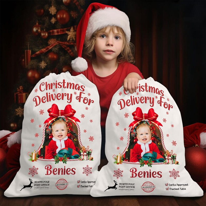 Personalized Photo Christmas Bag with Festive Frame and Custom Name for Heartfelt Holiday Gift Giving Christmas Bag