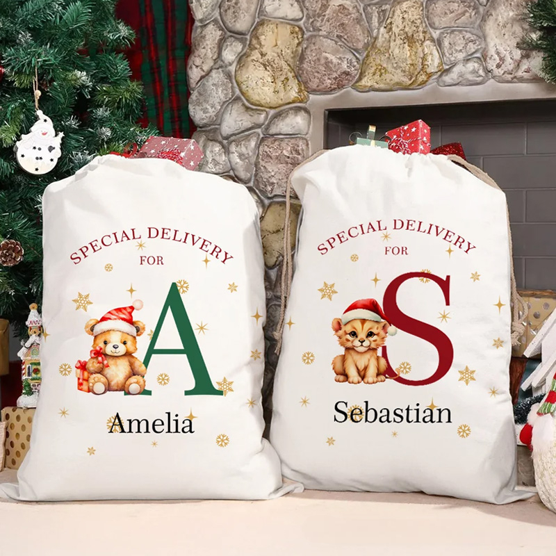 Personalized Special Delivery Christmas Theme Animal Pattern Drawstring Canvas Gift Bag with Name Christmas Gift for Kid