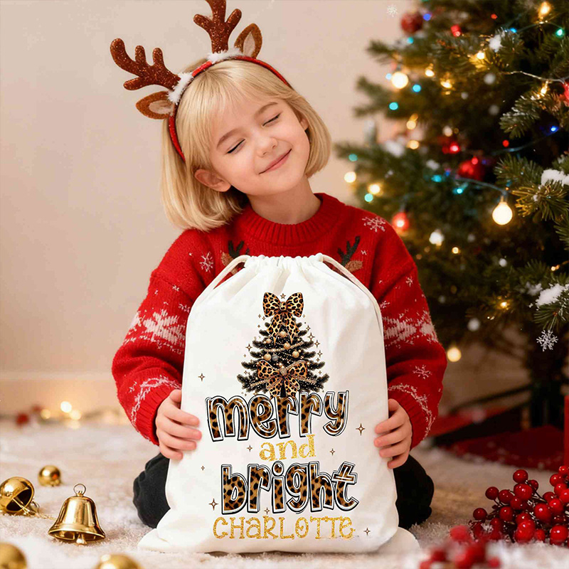 Personalized Merry and Bright Christmas Bag with Festive Tree Design and Custom Name for Joyful Holiday Cheer Christmas Bag