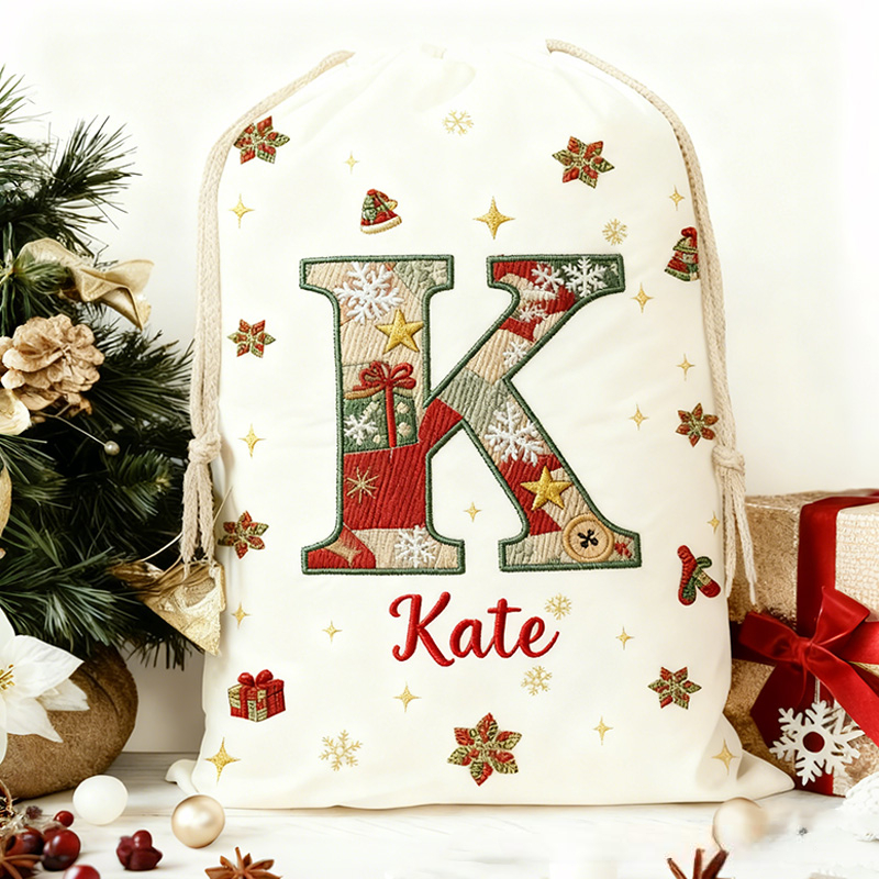 Personalized Initial Christmas Bag with Custom Name and Festive Imitation Embroidery Effect Style Design for Holiday Gifts Christmas Bag