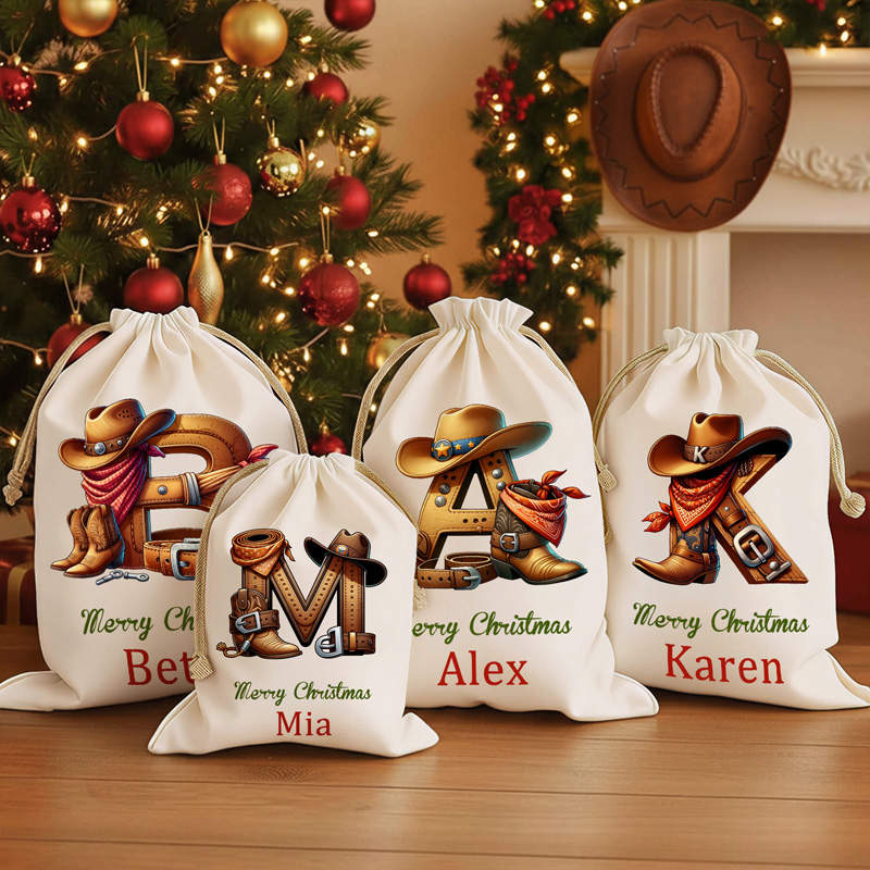 Personalized Santa Sack with Custom Name Western Christmas Gift Bag for Kids and Family Christmas Cowboy Boot Initial Name Gift Bag
