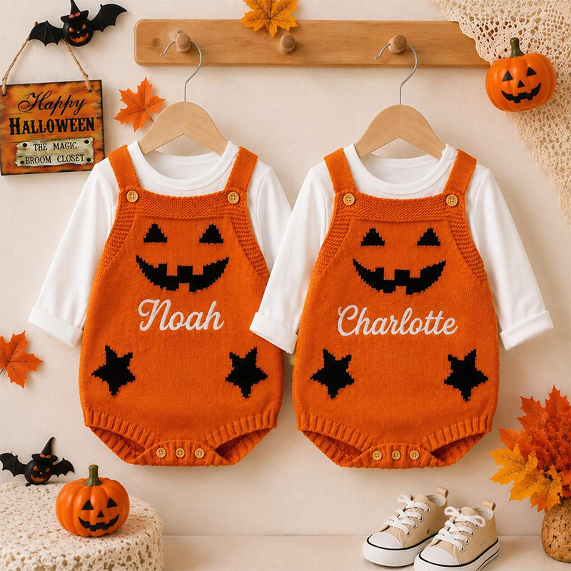 Personalized Baby Knitted suspenders Romper Halloween Pumpkin Jack O Lantern Outfit Custom Name Sleeveless Jumpsuit Costume
