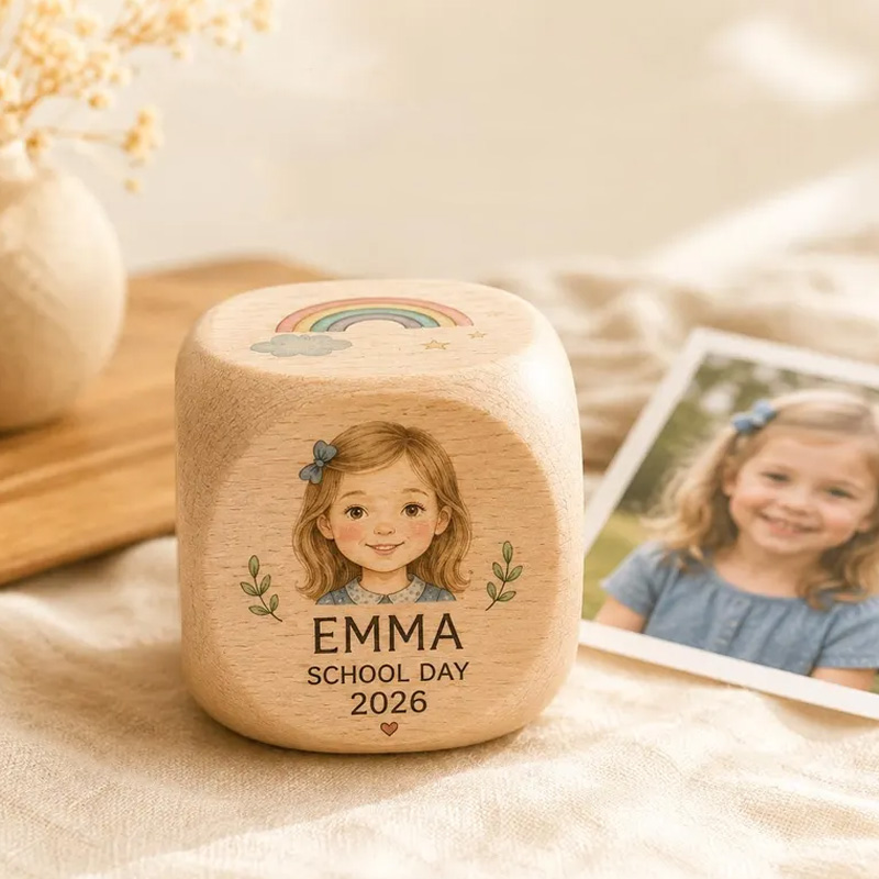 Personalized School Day Cube Wooden Memory Dice Custom Name Back To School Keepsake Gift For Kids