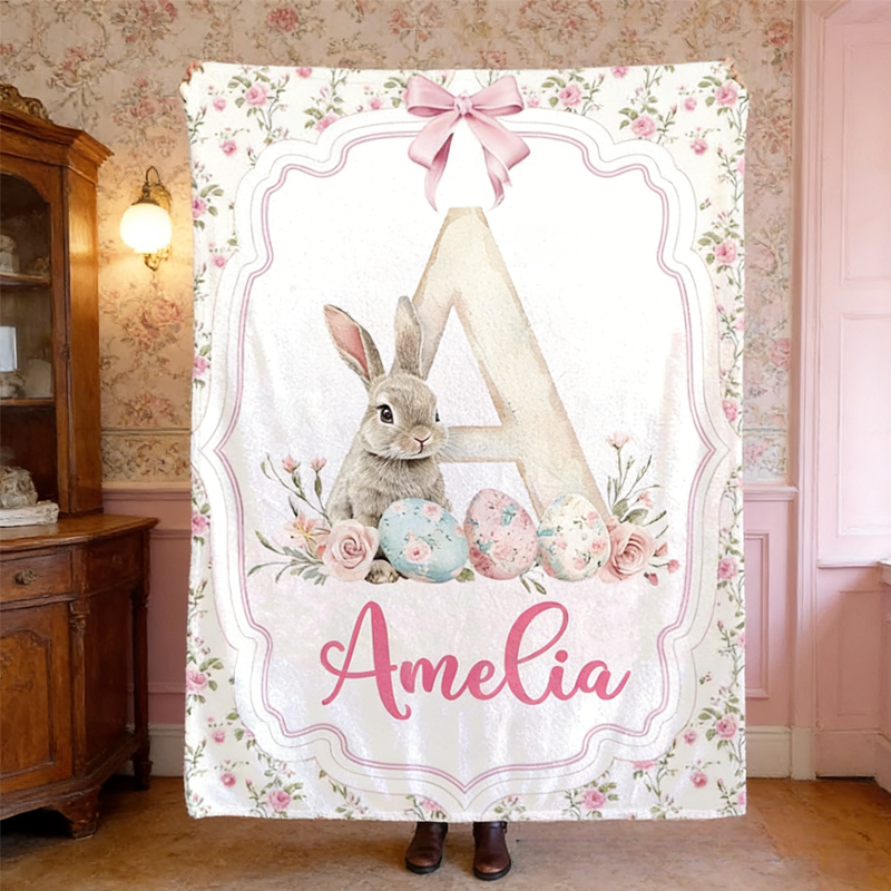 Personalized Retro Pink Bunny with Name Blanket Home Decor Birthday Gift for Kids Easter Gifts