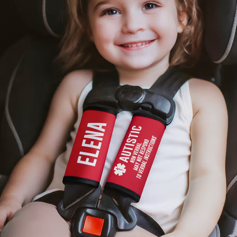 Personalized Multicolor Emergency Alert Carseat Straps with Name and Text Set of 2 Birthday Caring Gift for Allergy Autism Kids Family