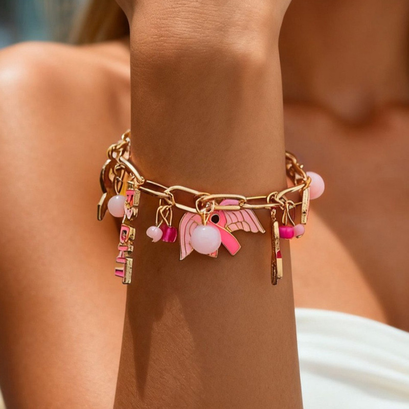 Breast Cancer Awareness Charm Bracelet Pink Ribbon Angel Wing Beaded Chain Jewelry For Women