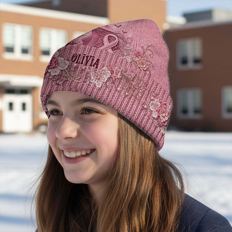 Personalized Breast Cancer Awareness Knit Beanie Pink Ribbon Tree Moon Pattern Name Hat For Women Winter Warm