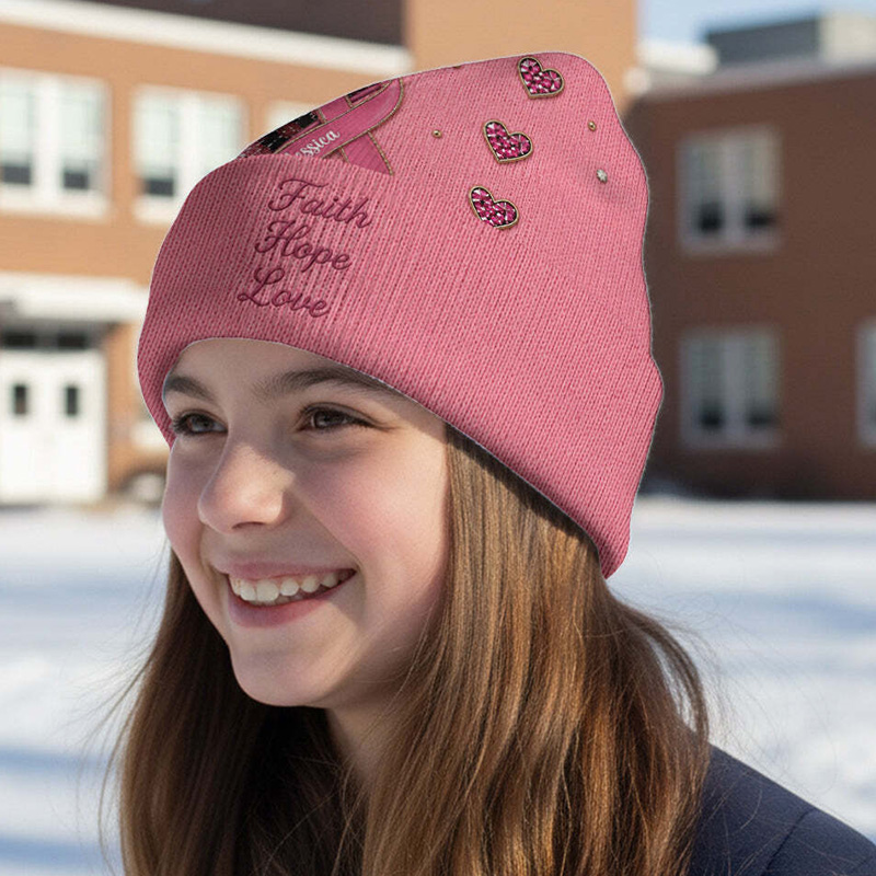 Personalized Breast Cancer Awareness Knit Beanie Pink Ribbon Faith Hope Love Heart Pattern Winter Warm Hat