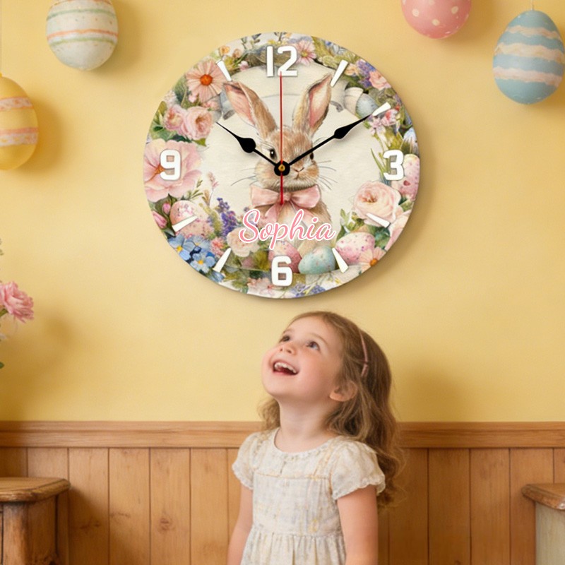 Personalized Unique Custom Name Adorable Rabbit Surrounded by Flowers Nursery 3D Printed Wall Clock