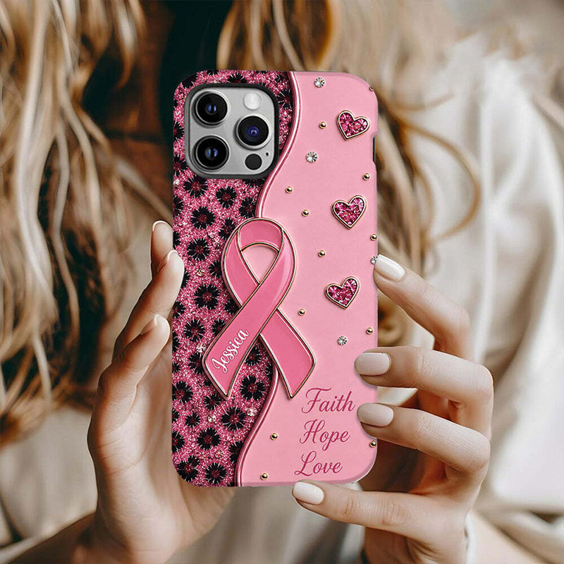 Personalized Breast Cancer Awareness Phone Case Pink Ribbon Faith Hope Love Floral Heart Protective Cover