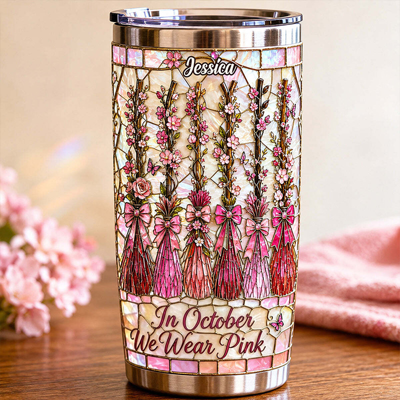 Personalized Breast Cancer Awareness Tumbler In October We Wear Pink Floral Ribbon Insulated Travel Cup