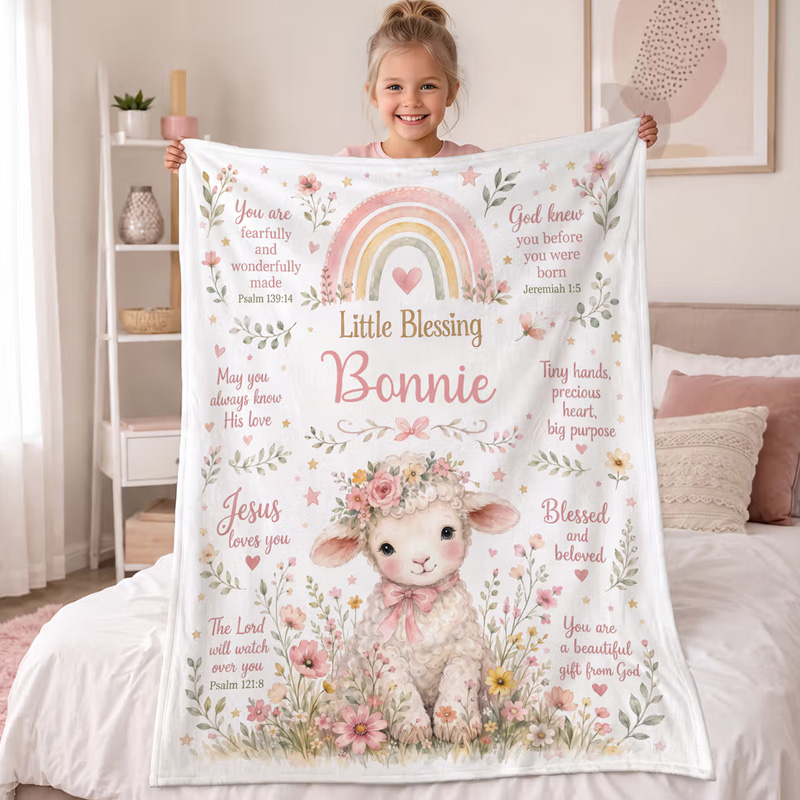 Personalized Flower Lamb Christian Blessing Quotes Soft Warm Throw Blanket with Name Room Decor Baby Shower Baptism Gift for Kid Newborn
