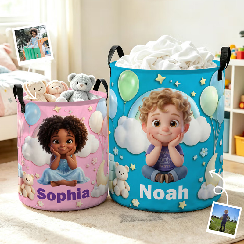 Personalized Cartoon Style Photo Waterproof Laundry Storage Basket with Name and Handles Room Decor Birthday Gift for Kids Boys Girls