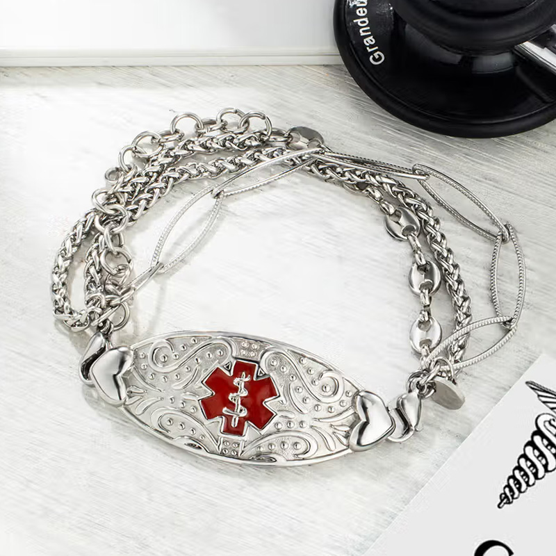 Personalized Star of Life Adjustable Medical Alert ID Emergency Multi-Layer Bracelet with Engraved Text Gift for Allergy Diabetic Women