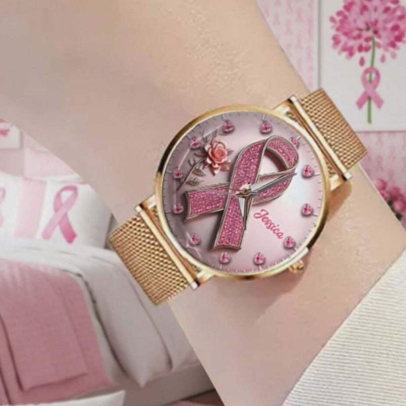 Personalized Breast Cancer Awareness Watch Pink Ribbon Faith Hope Love Gold Mesh Band Elegant Support Timepiece