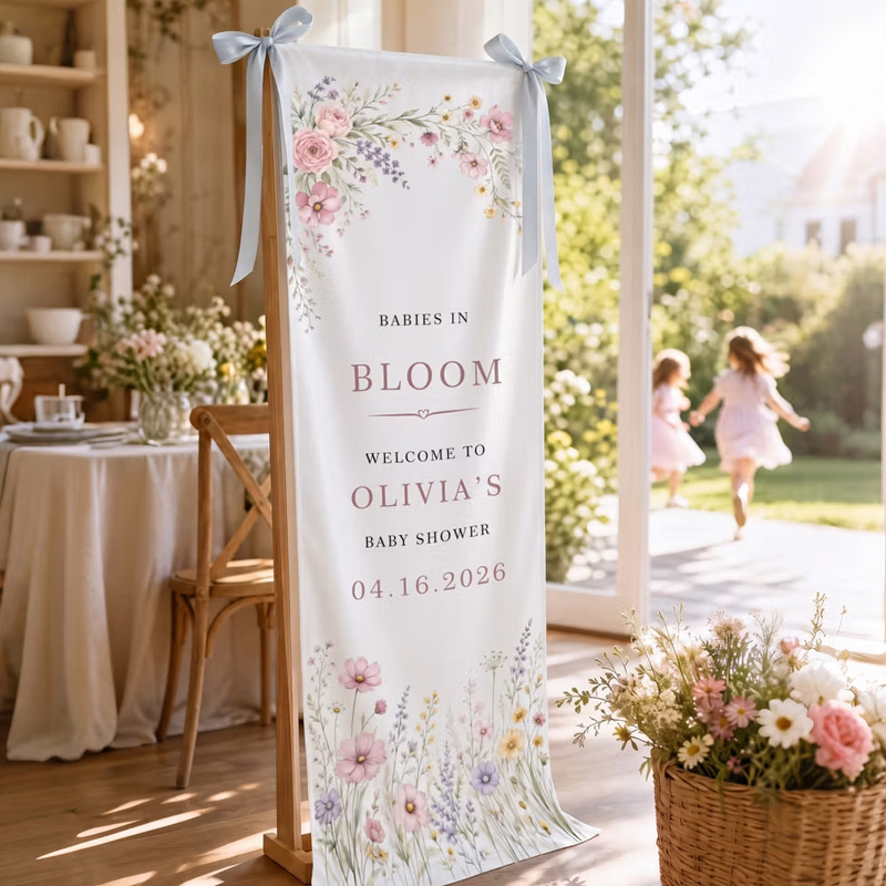 Personalized Wildflower Baby in Bloom Bow Welcome Banner with Name and Date Party Decor Baby Shower Gender Reveal Gift for Expecting Mom