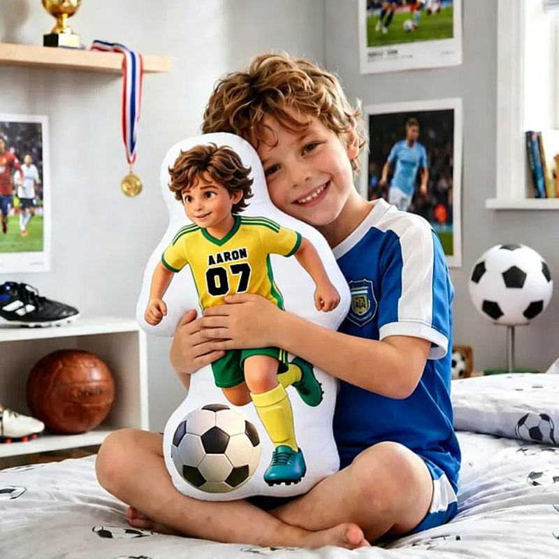 Personalized Brazil Soccer Player Pillow Custom Photo To Cartoon Boy Plush Kids Room Decor Football Fan Gift