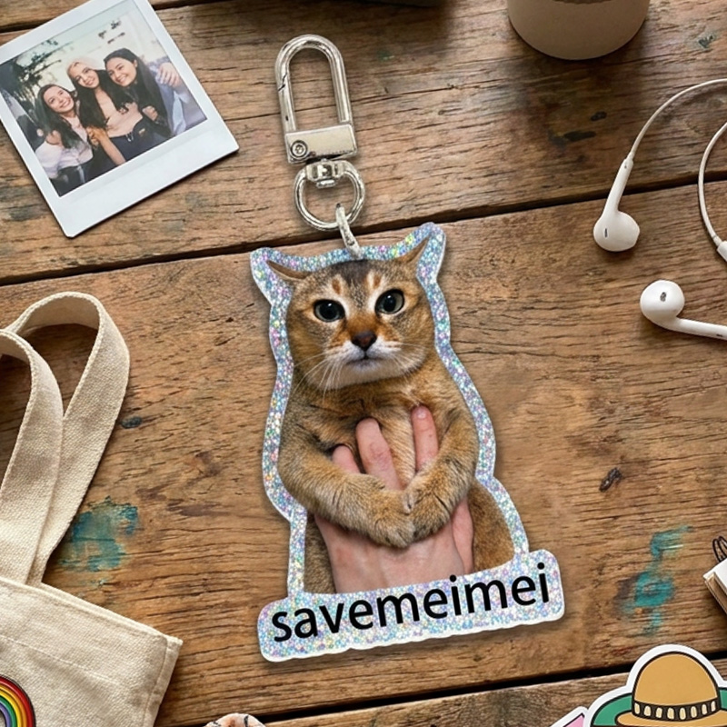 Personalized Save Meimei Cat Keychain Cute Glitter Meme Cat Key Ring Bag Charm Gift For Fans And Friends