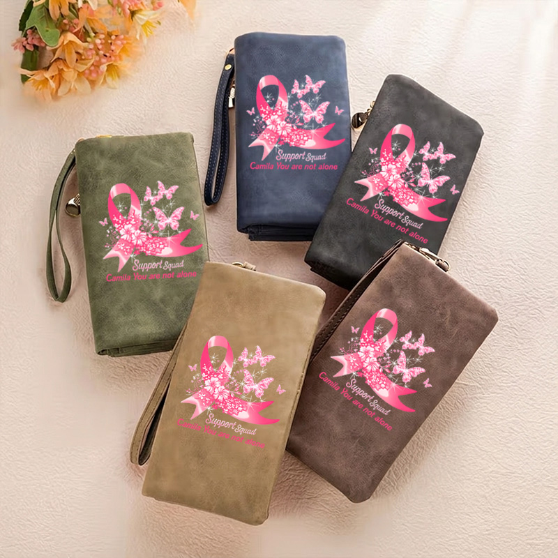 Personalized Breast Cancer Awareness Butterfly Ribbon Wallet For Survivor Supporter Gift Tri Fold PU Leather Wristlet Wallet with Card Holder and Name