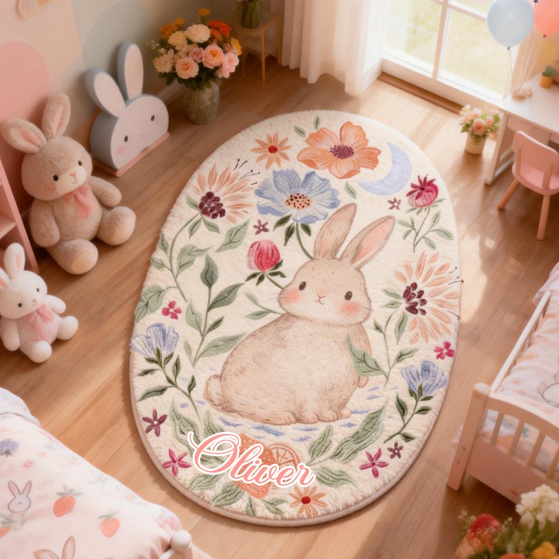Personalized Unique Custom Name Adorable Rabbit Surrounded by Flowers Bedroom Carpet Rug for Kids