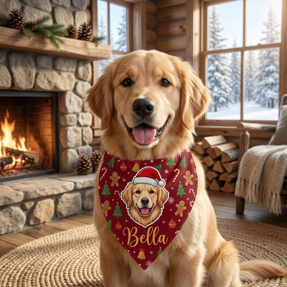 Personalized Cartoon Pet Photo Bandana with Name Adjustable Buckle Pet Party Harvest Birthday Gift for Pet Owners Lovers