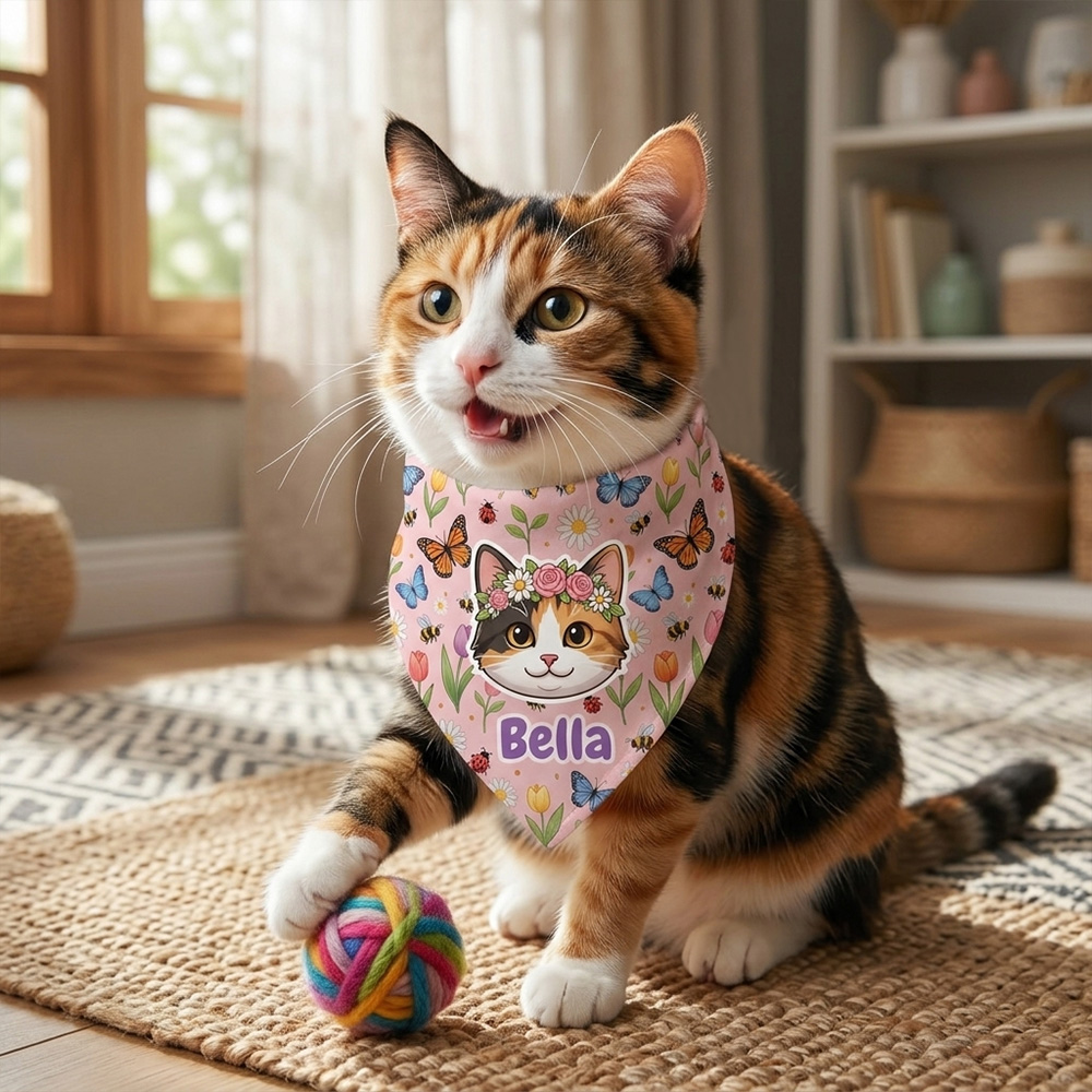 Personalized Dog Bandana Custom Pet Name Floral Butterfly Print Cute Puppy Scarf Soft Triangle Bib Gift