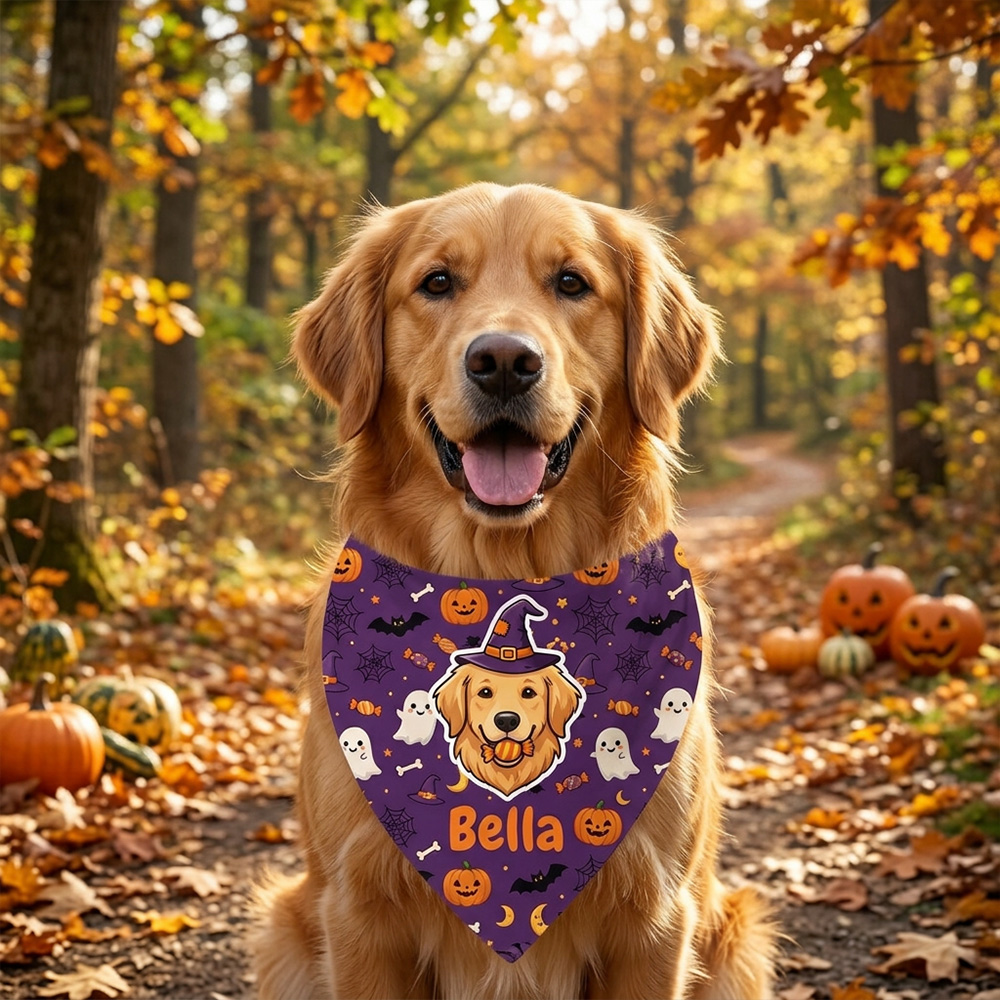 Personalized Dog Bandana Custom Pet Name Halloween Print Cute Puppy Scarf Spooky Triangle Bib Gift