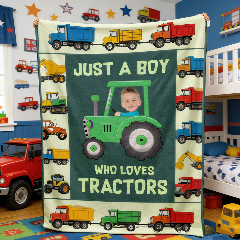 Personalized Just A kid Who Loves Tractors Baby Photo Blanket with Name Home Decor Birthday Gift for Kids