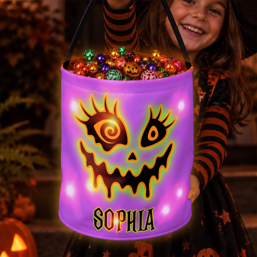 Personalized Halloween Trick Or Treat Bucket Glowing LED Candy Bag Spooky Face Kids Name Custom