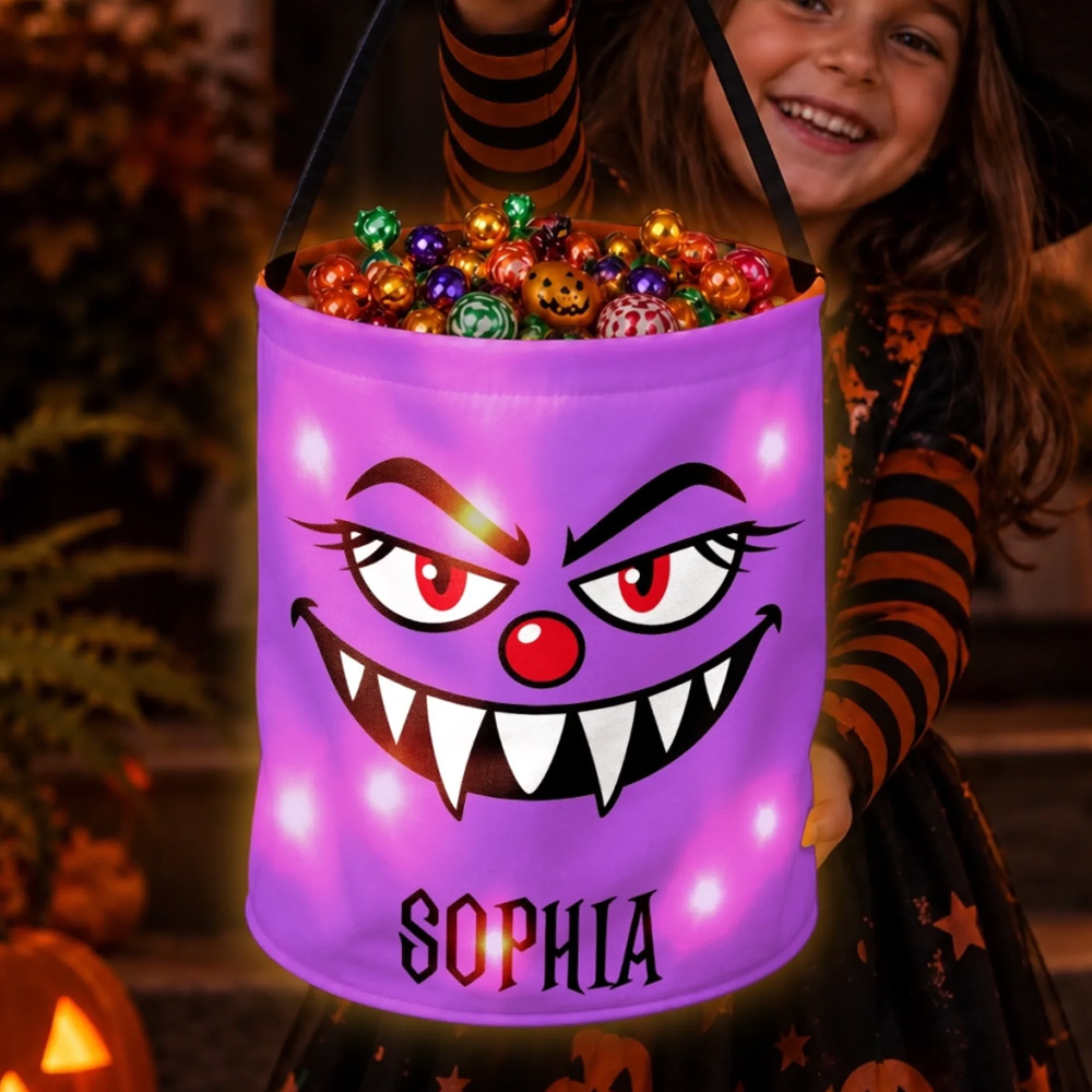 Personalized Halloween Trick Or Treat Bucket Glowing LED Candy Bag Funny Monster Face Kids Name Custom