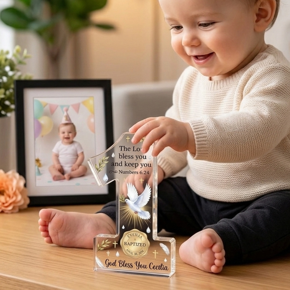 Personalized Christian First Birthday Acrylic Plaque Custom Name Baby Boy Keepsake Gift Baptism