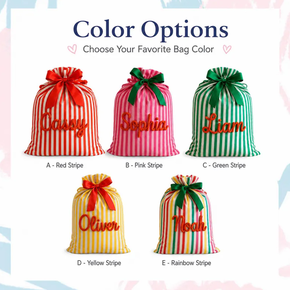 Personalized Striped Christmas Gift Sack Large Name Santa Bag With Gingerbread And Bow Holiday Present Storage For Kids