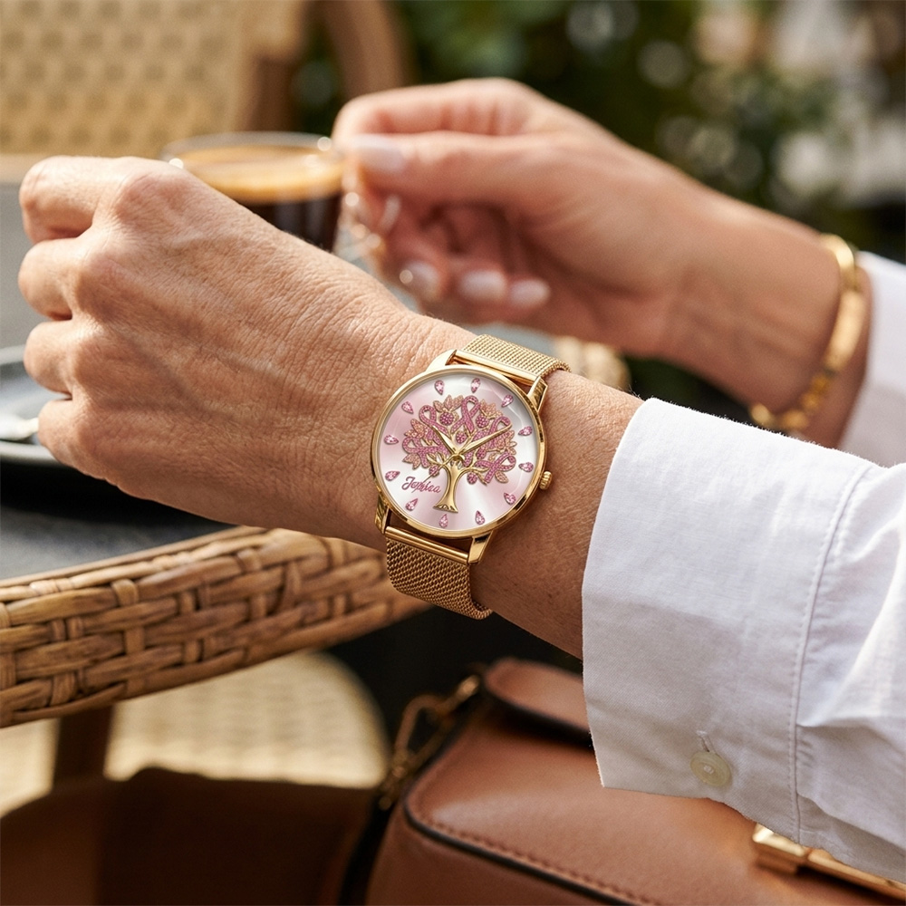 Personalized Tree Of Life Watch Elegant Gold Mesh Strap Ladies Wristwatch Custom Name Gift For Breast Cancer Warrior